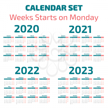 Simple 2020-2023 years calendar, week starts on Monday