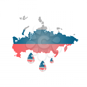 Illustration of Russia map with american flag water drops