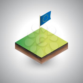 Isometric European Union waving vector flag with the flagpole on the piece of soil