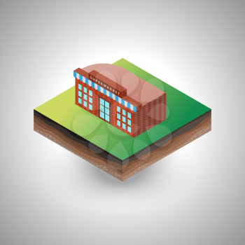 Isometric retro groccery shop building on the soil