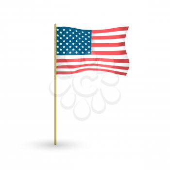 American waving vector flag with the flagpole on white background