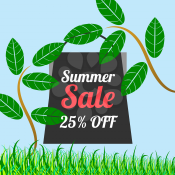 Summer sale banner with leaves on blue background