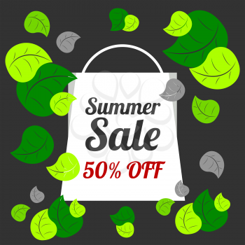 Summer sale banner with leaves on black background