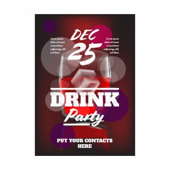 Alcohol party modern flyer with the glass and ice on the dark red background