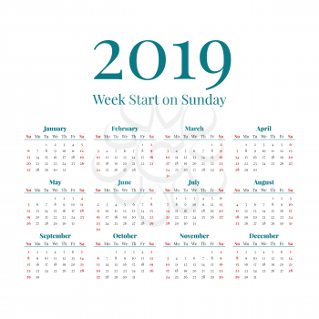 Simple classic style 2019 year calendar, week starts on sunday