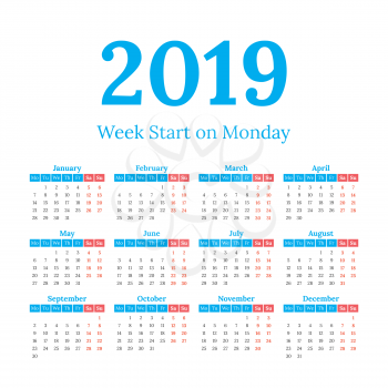 Simple classic style 2019 year calendar, week starts on monday