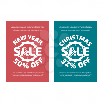 New Year and Christams sale banners with gear and clock