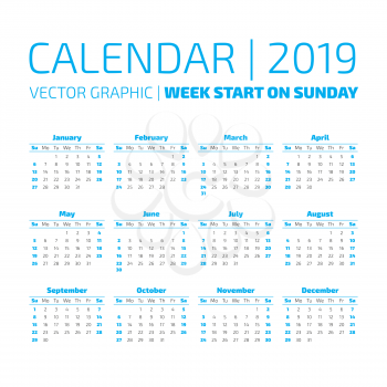 Simple 2019 year calendar, week starts on sunday