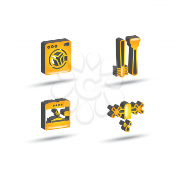yellow color three dimensional house equipment icon set