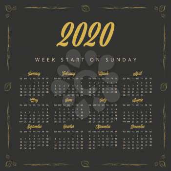 Vintage 2020 year calendar on the black background
