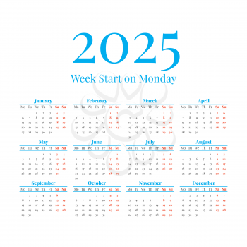 2025 Classic vector calendar. Weeks start on Monday