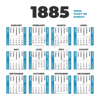 1885 year vector calendar template. Weeks start on Sunday