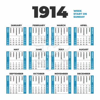 1914 year vector calendar template. Weeks start on Sunday