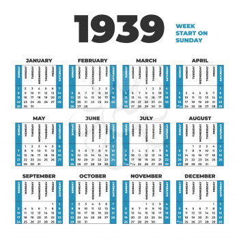 1939 year vector calendar template. Weeks start on Monday