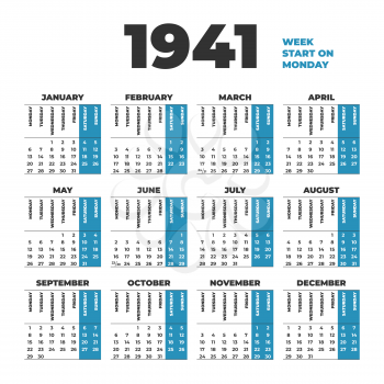 1941 year vector calendar template. Weeks start on Monday