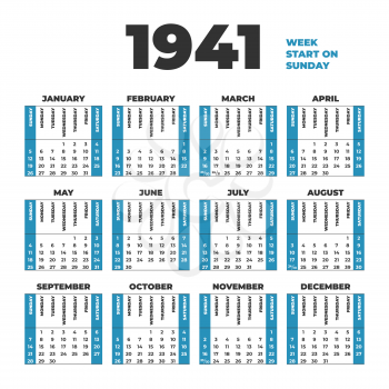 1941 year vector calendar template. Weeks start on Sunday