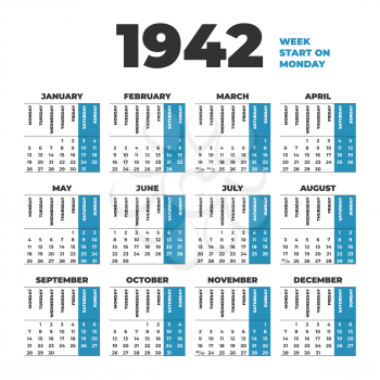 1942 year vector calendar template. Weeks start on Monday