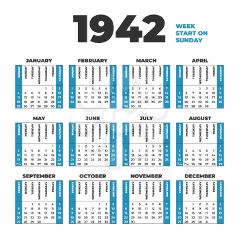 1942 year vector calendar template. Weeks start on Sunday