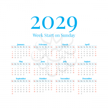 2029 Classic Calendar with the weeks start on Sunday