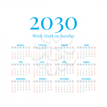 2030 Classic Calendar with the weeks start on Sunday