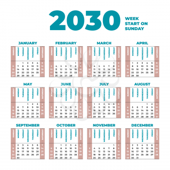 2030 Vector Calendar template with weeks start on Sunday