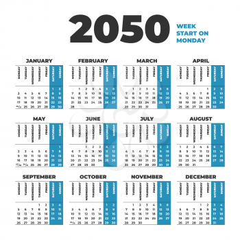 2050 Vector Calendar template with weeks start on Monday