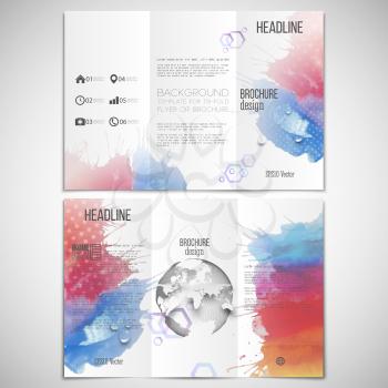 Vector set of tri-fold brochure design template on both sides with world globe element. Abstract hand drawn spotted colorful  background, composition for your design, vector illustration.