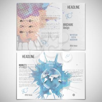 Vector set of tri-fold brochure design template on both sides with world globe element. Abstract hand drawn spotted colorful  background, composition for your design, vector illustration.