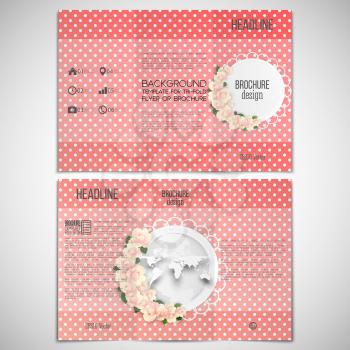 Vector set of tri-fold brochure design template on both sides with world globe element. Pink flowers over dotted red background, floral vector pattern.