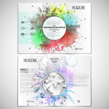 Vector set of tri-fold brochure design template on both sides with world globe element. Abstract colorful banners, watercolor stains  and molecular geometric grid, vector illustration.