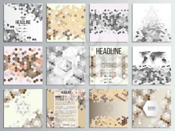 Set of 12 creative cards, square brochure template design, geometric backgrounds set, abstract hexagonal vector patterns.