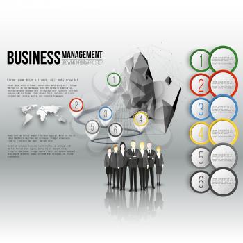 Group of a professional business team standing in front of gray background with timeline and world map. Vector infographic template for business design.