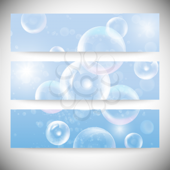 Set of horizontal banners. Drops in the blue water vector background.
