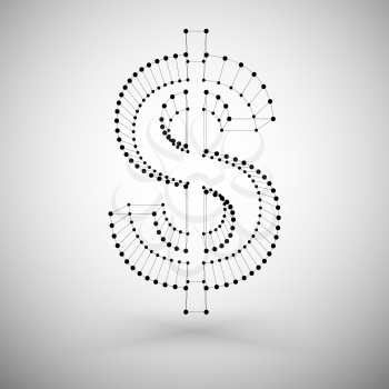 Three dimensional mesh stylish dollar sign on white background, single color clear vector.