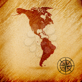 North and South America map, wooden design background, vector illustration.