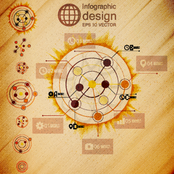 Set of Abstract network with circles, infographic design, wooden background vector.