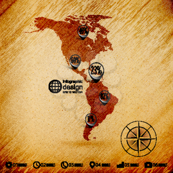 North and South America map, wooden design background, infographics vector illustration.