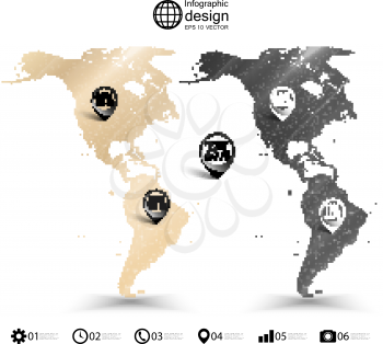North and South America map, wooden design texture, infographics vector illustration.