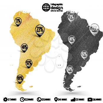 South America map, wooden design texture, infographics vector illustration.