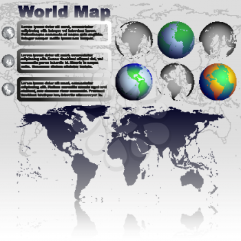 World map with shadow on gray background with world globes vector