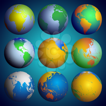 Set of globes, Color world map vector.