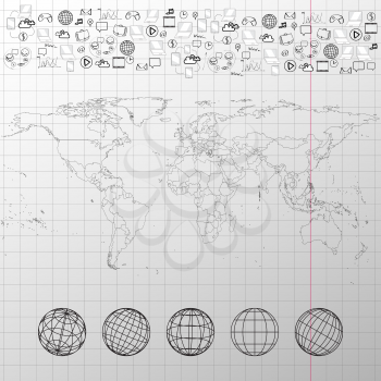 Political world map in exercise book with world globes and other elements vector