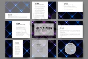 Set of 9 vector templates for presentation slides. Abstract neon light, black texture vector