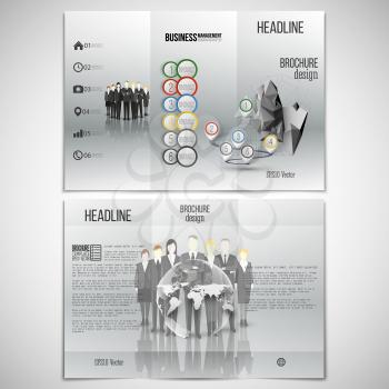 Vector set of tri-fold brochure design template on both sides. Group of a professional business team standing over gray background with timeline and world globe. Vector infographic template for your d