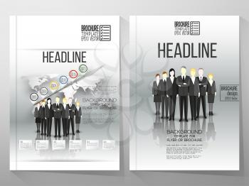 Business vector templates for brochure, flyer or booklet. Group of a professional business team standing in front of gray background with timeline and world map. Vector infographic template for busine