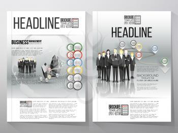 Business vector templates for brochure, flyer or booklet. Group of a professional business team standing in front of gray background with timeline and world globe. Vector infographic template for busi