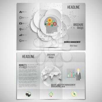 Vector set of tri-fold brochure design template on both sides. Gray background with world globe and human head with gears. Vector infographic template for your design.