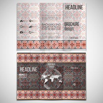 Vector set of tri-fold brochure design template on both sides with world globe element. Ukrainian folk art. Traditional national embroidered pattern. Abstract vector template.