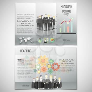 Vector set of tri-fold brochure design template on both sides. Group of a professional business team standing over gray background with world map. Vector infographic template for your design.