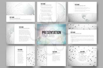 Set of 9 vector templates for presentation slides. Graphic design of molecule structure, dotted world globe. Gray scientific vector design.